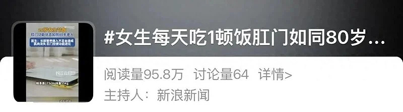 上热搜!20岁女生每天只吃一顿饭,肛门功能竟如80岁老人 - 1