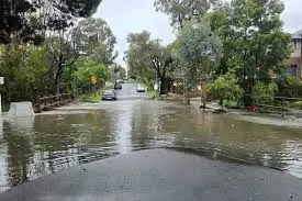 报道所附道路积水实拍，车辆前方路面被积水覆盖
