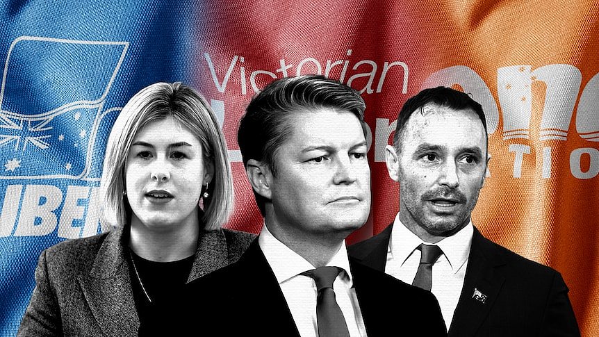 维州自由党党魁Jess Wilson、工党党魁Ben Carroll和一国党党魁Warren Pickering。（ABC News：Cordelia Brown）