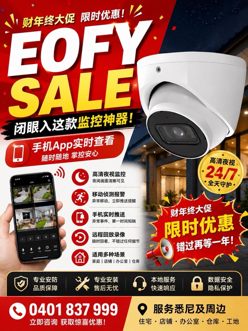 今日悉尼 摄像头安装 EOFY SALE 财年终大促 摄像头安装 EOFY SALE 财年终大促