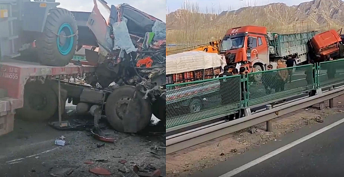 中国荣乌高速( 山西方向) 1,024 公里处发生车辆追撞事故，造成12 辆货车、2 辆小型客车不同程度受损。 图: 翻摄自微博