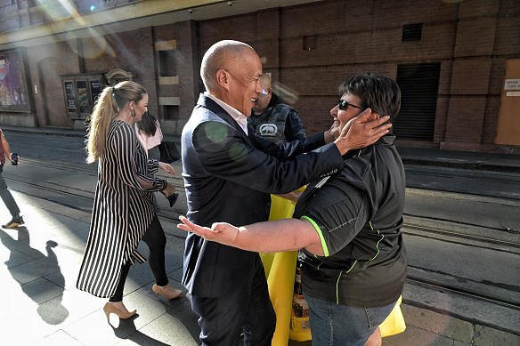 Charlie Teo is greeted by supporters outside the disciplinary hearing this week.
