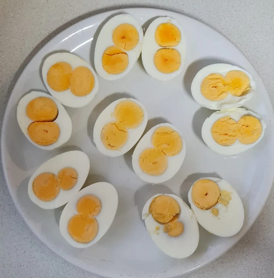 Plate of hard-boiled double-yolk eggs from Coles