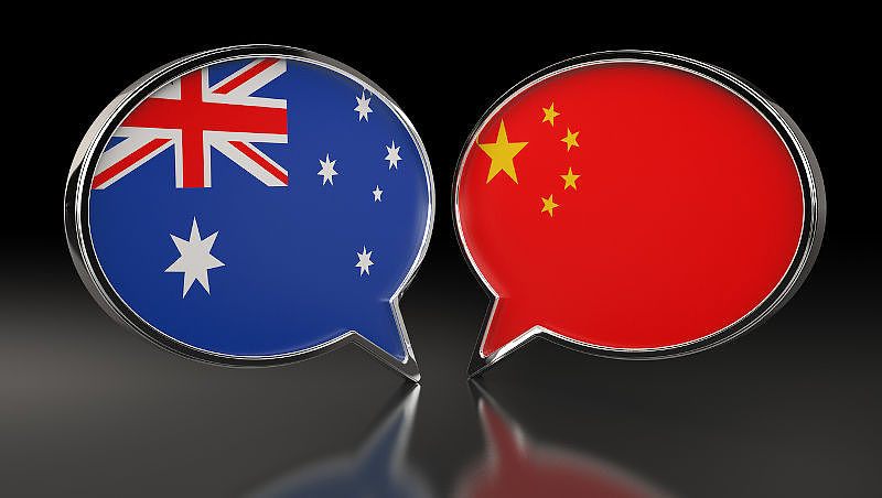 Australia and China flags with Speech Bubbles in a 3D Illustration