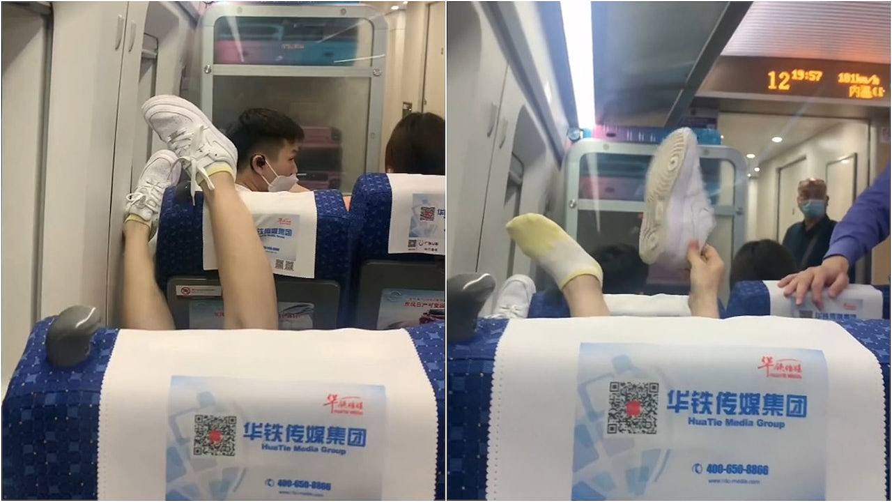 深圳女坐高铁将双脚搭前排座椅坚称不脏，网民斥“廉耻都没有了”（组图） - 1