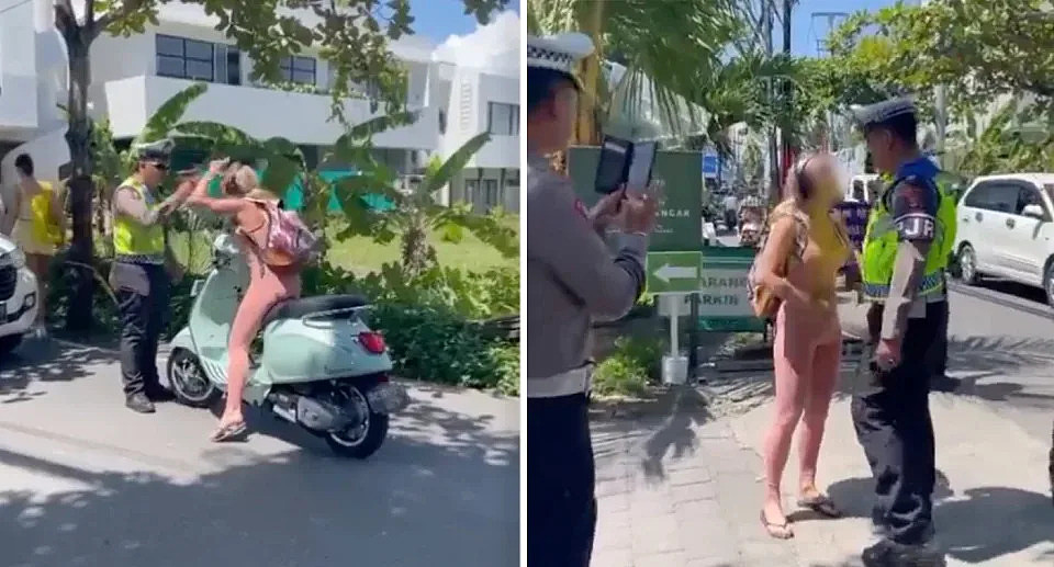 Two photos of an Australian expat arguing with a policeman in Bali.