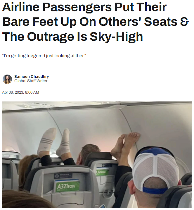 令人作呕！机上乘客光脚搭在前排座位，和乘客的头“亲密接触”！网友看不下去了（组图） - 1