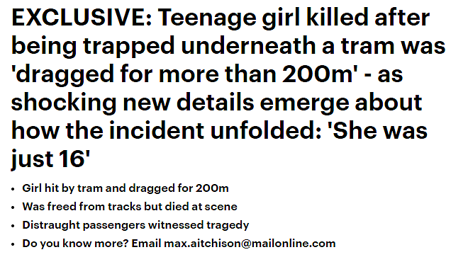 澳洲16岁少女在唐人街附近遭电车碾压身亡，被Tram拖行至少200米（组图） - 1