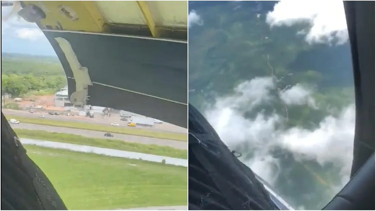 巴西樂團所乘坐的小飛機在飛行途中艙門彈開。影片截圖／推特@aratuonline