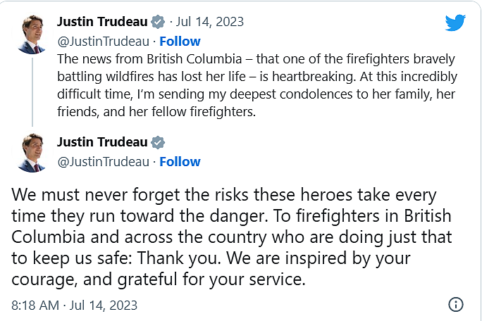 特鲁多哀悼！ 加拿大山火狂烧，19岁消防员殉职，“热穹顶“再袭北美（组图） - 3