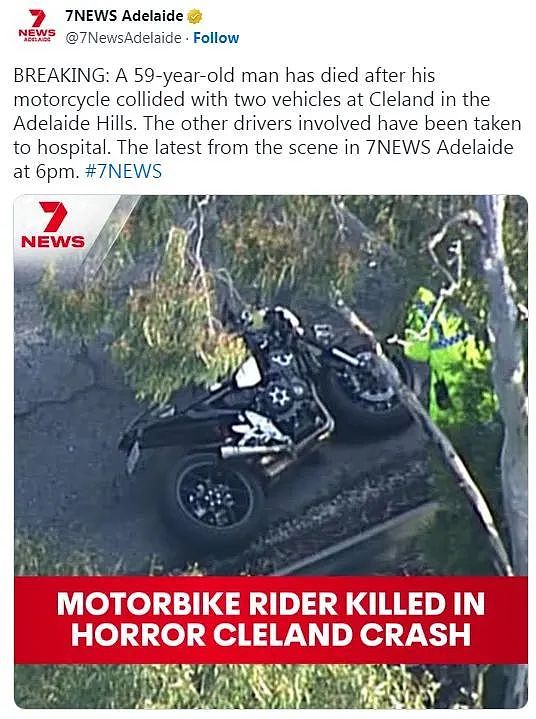 Adelaide Hills主干道三车相撞，摩托车手当场死亡（组图） - 2