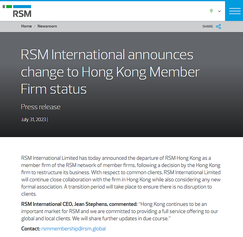 RSM香港脱离RSM，Moore 大华悉尼脱离Moore（组图） - 1