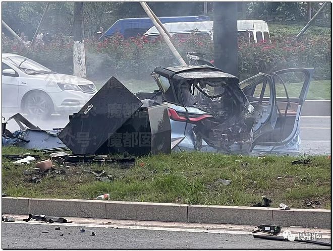 疯传！驾驶员当场死亡，网红热门新能源车撞柱粉碎+爆燃起火（组图） - 12