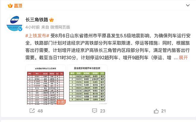 长三角铁路紧急通知：限速，北京到上海在内的92趟列车停运！山东5.5级地震，为何震感传得这么远？（组图） - 4