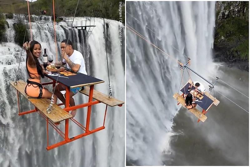 挑战极限！情侣悬在瀑布上空喝下午茶！一有意外坠80公尺深准没命（视频/组图） - 1