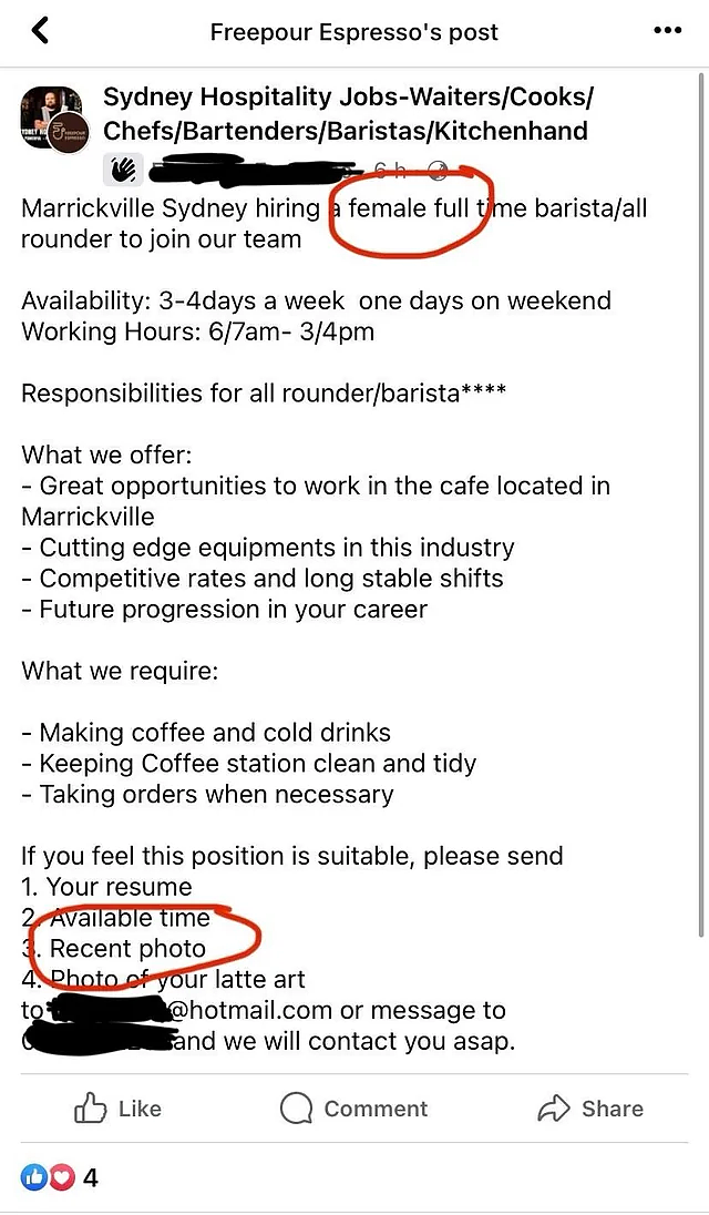 只招女性！需附近照，澳洲这家咖啡厅招聘还有“潜规则”，网友怒骂：找个律师吧（组图） - 2