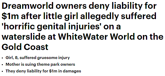 “水滑梯被染红”！澳女童主题公园玩滑梯致阴道严重撕裂，索赔$100万被拒（组图） - 1