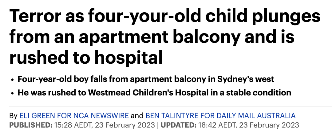 悉尼6岁男孩从20m高处坠落，生命危在旦夕！家里这些地方，对孩子是最危险的地方...（组图） - 3