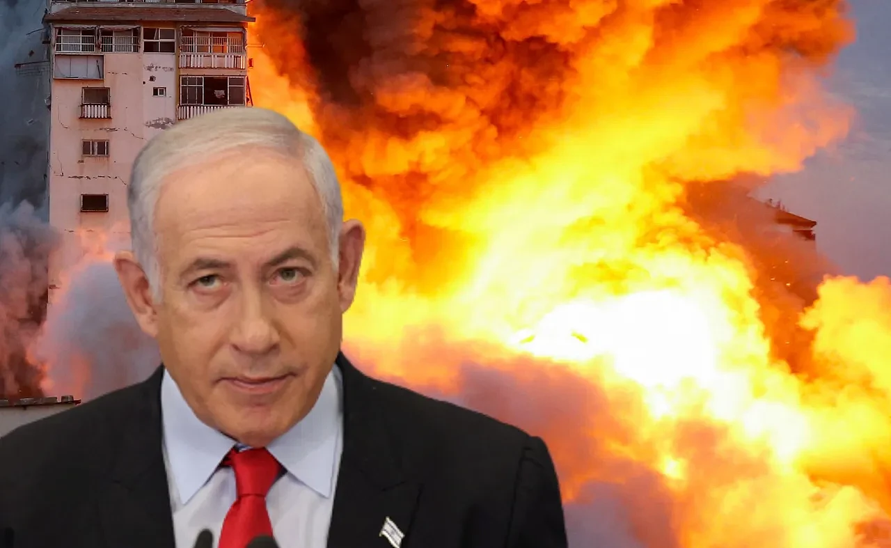 以色列总理尼坦雅胡誓言，军队要为「最黑暗的一天」复仇。合成画面。背景为以色列轰炸巴勒斯坦大楼。美联社
