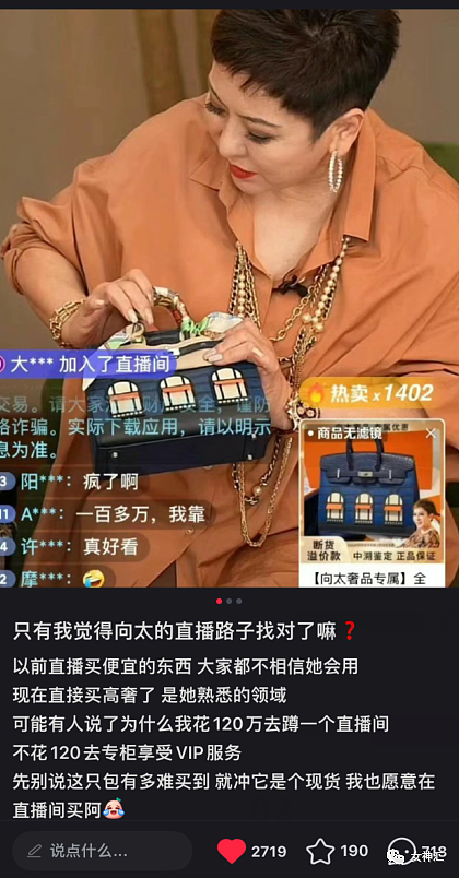 【爆笑】“向太直播卖120w的爱马仕包包？？”网友夺笋：现在已经不挣穷人钱了吗？（组图） - 1