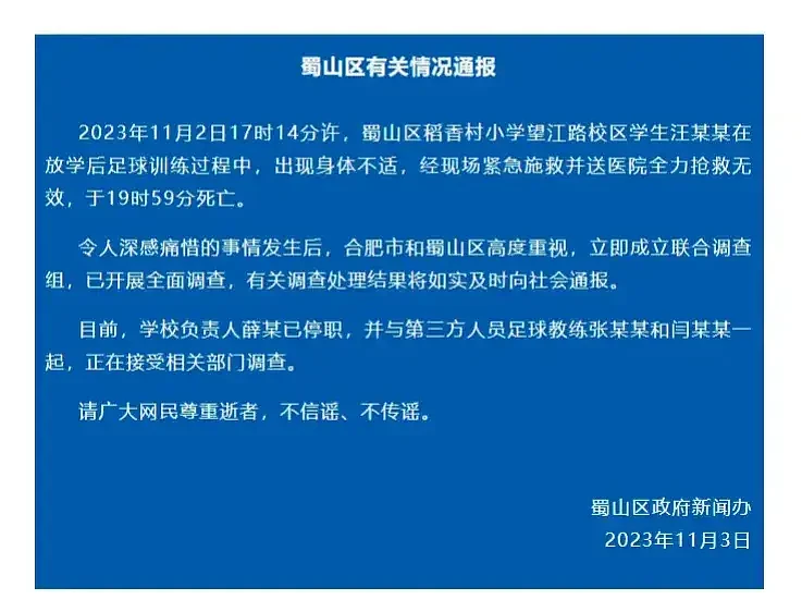 合肥一7岁小学生被罚跑7圈后猝死，疑二十多人去医院抢尸体（视频/组图） - 2