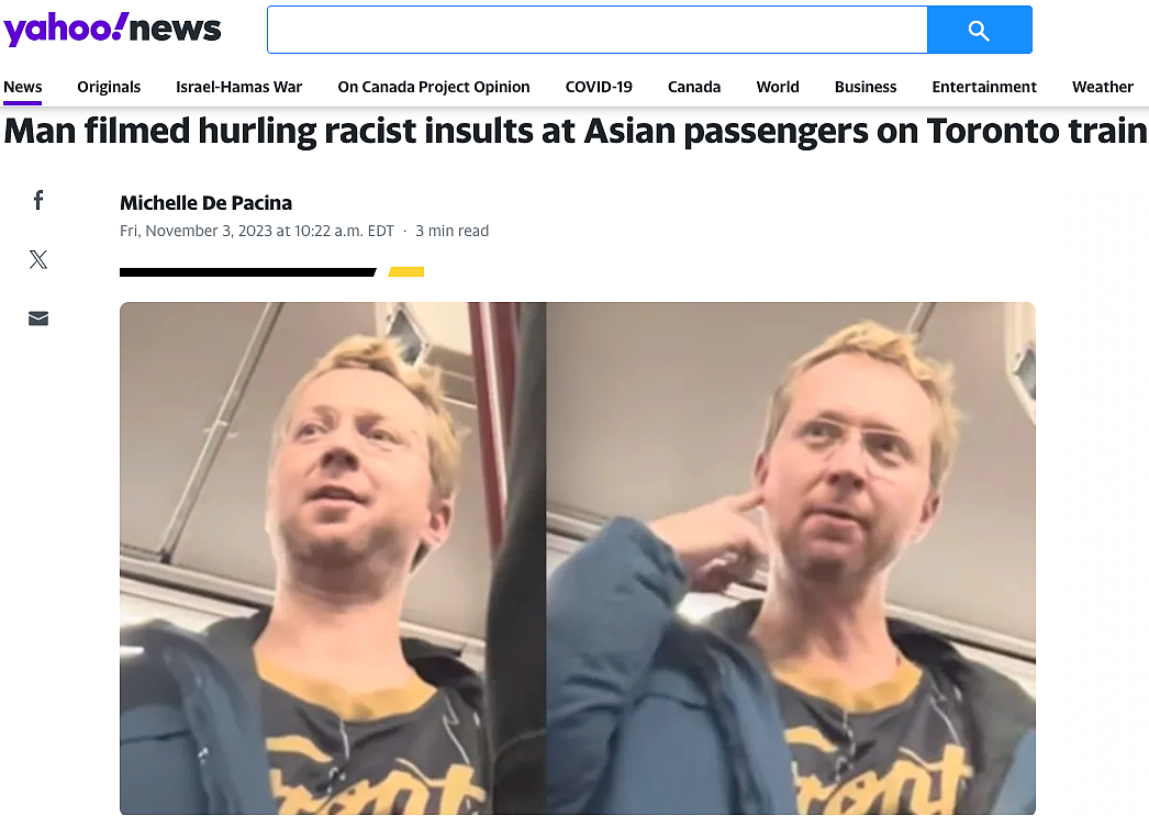 懒惰软弱的废物！白人男子在火车上歧视侮辱亚裔男，满车乘客无动于衷（组图） - 1