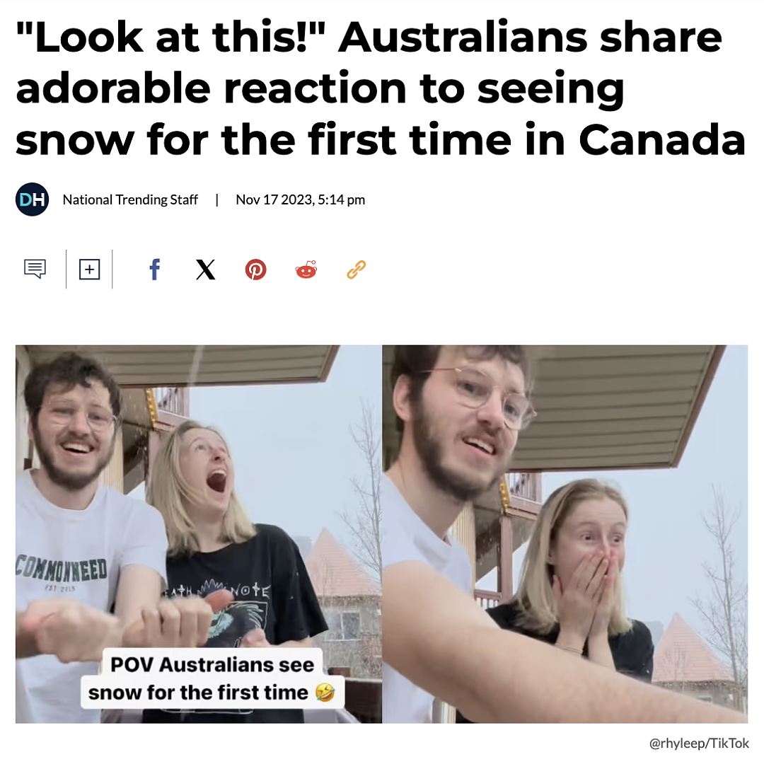 澳洲人在加拿大经历人生中第一场雪，疯狂尖叫，还吃雪！网友：反应太可爱了（组图） - 1