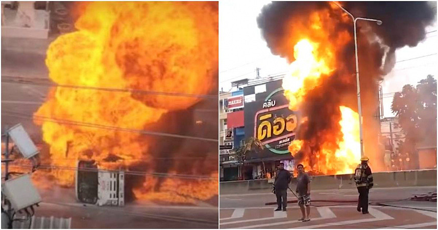 泰国曼谷市中心惊传爆炸声！卡车载运“百桶瓦斯”突翻覆，瞬间烧成巨大火球（视频/组图） - 1