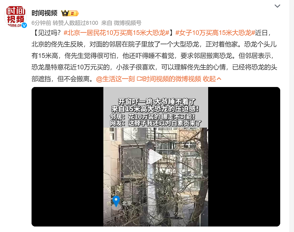 冲上热搜！北京一居民花10万买高15米大恐龙，网友：请把恐龙头对着自己家（组图） - 2