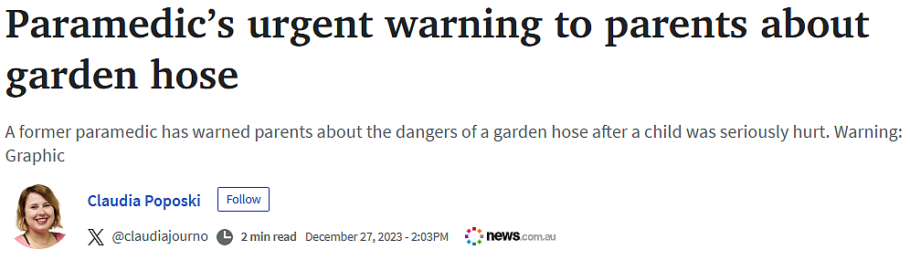 警惕！澳洲夏天时，后院水管的杀伤力巨大，已有小孩受重伤（组图） - 1