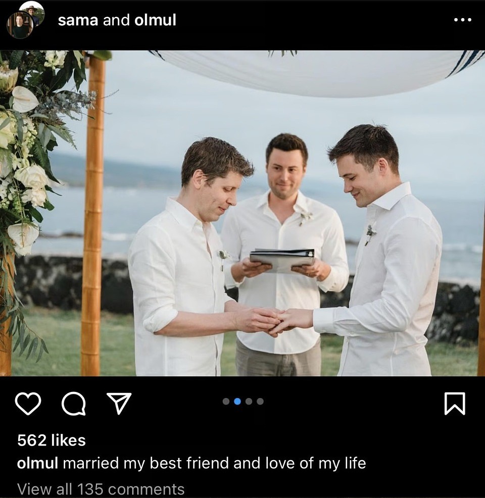 “ChatGPT之父”结婚了！奥特曼与男友在夏威夷举行结婚仪式（组图） - 1