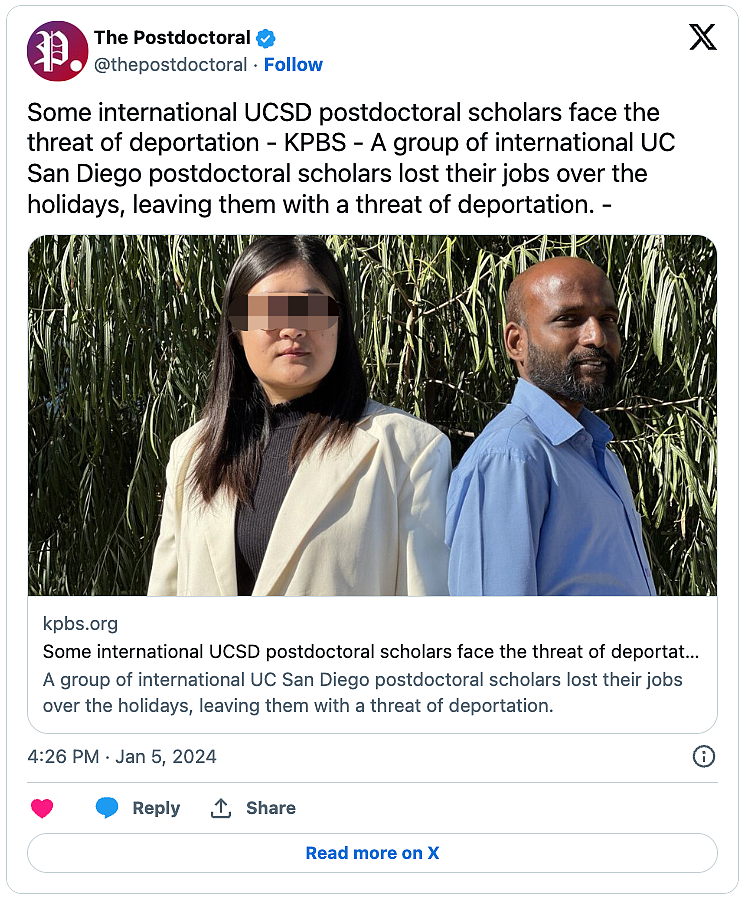UCSD多名国际博士后面临驱逐出境威胁，含中国学者（组图） - 2