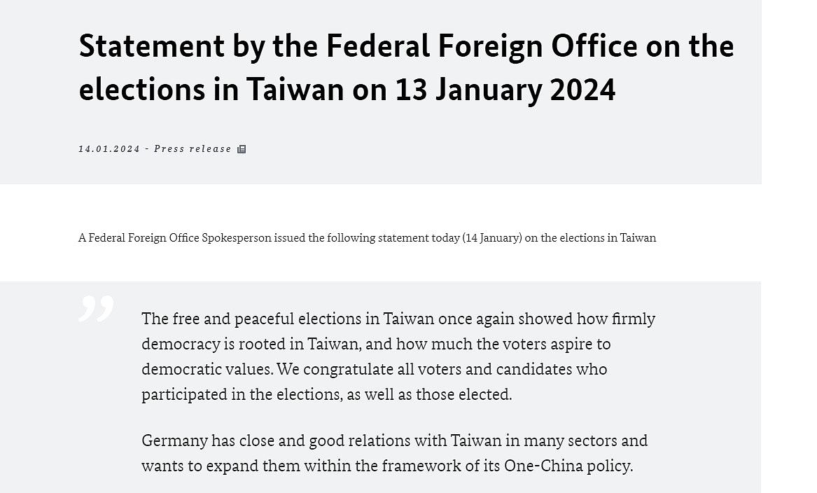 德国祝贺台湾大选中当选者，称一中框架内扩大与台关系（组图） - 2