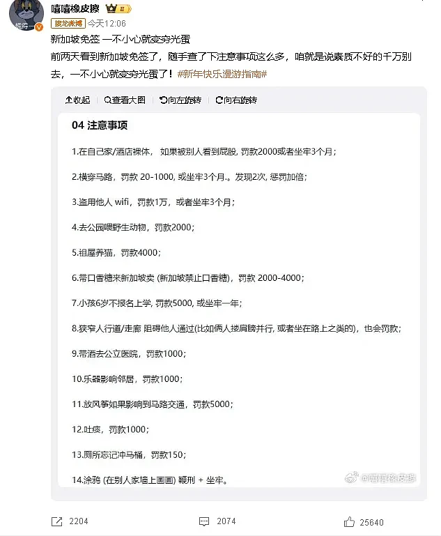 新加坡开放中国免签，微博热议：素质不好别去，罚得连内裤都不剩（组图） - 2