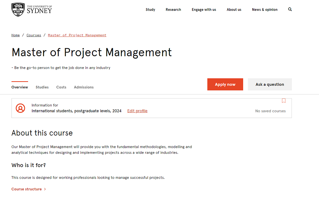 悉尼大学Project Management专业核心课程&选修课介绍（组图） - 2