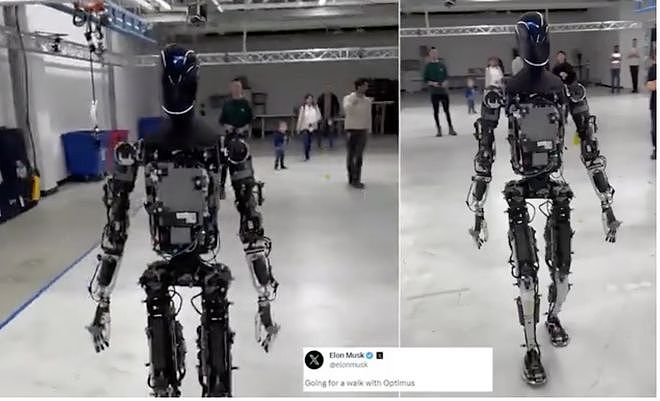 马斯克跟1.8米高机器人散步，机器人“步态像拜登”，预计卖14万（组图） - 1