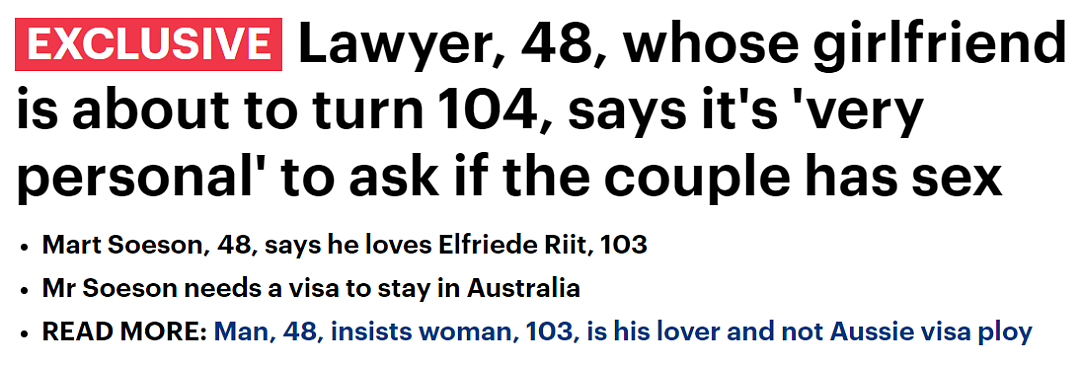 48岁男子与103岁澳洲老太相恋十年！还是他的祖母…苦求澳洲承认他们的爱情（组图） - 2