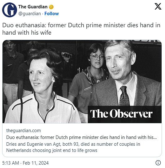 “手牵手安乐死！” 前荷兰总理与结縭70年爱妻一起离世（视频/组图） - 2