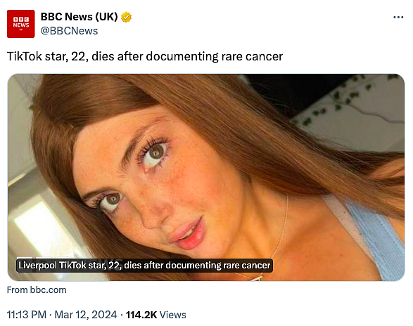 患罕见癌症去世！她才22岁…（组图） - 2