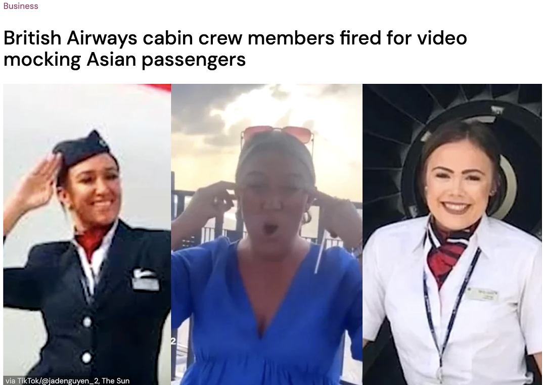 发视频嘲笑中国乘客口音并做歧视手势，两空姐遭解雇（组图） - 1