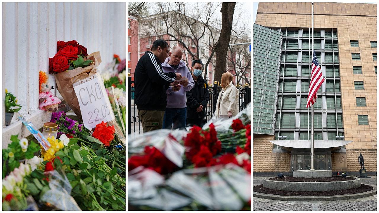 莫斯科恐袭：中国英国等地民众赴俄使馆献花，美国驻俄使馆降半旗（组图） - 1