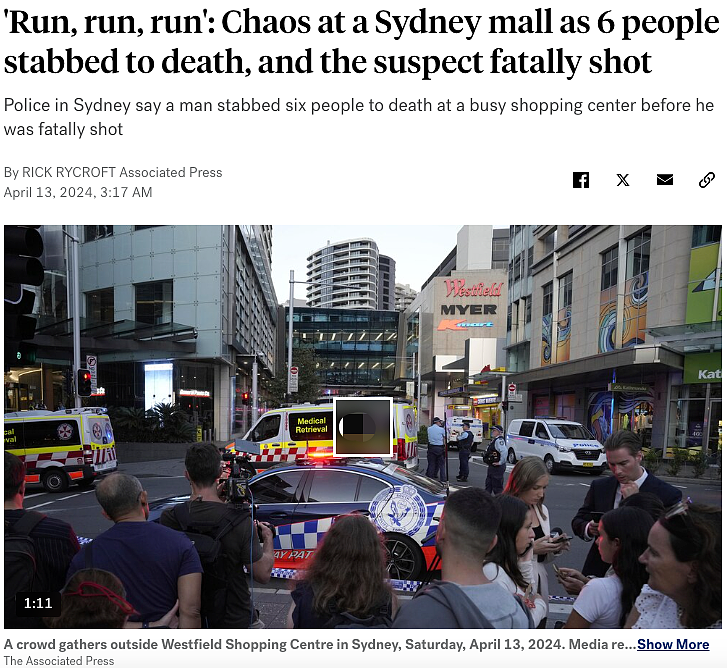 6人死亡，澳洲购物商场突发砍人案！凶徒到处乱砍，数百人逃命，孩子们吓哭（组图） - 6