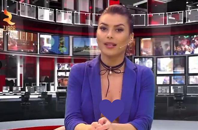 半裸！阿尔巴尼亚电视台女主播惹争议，西装内“露乳”出镜（组图） - 1