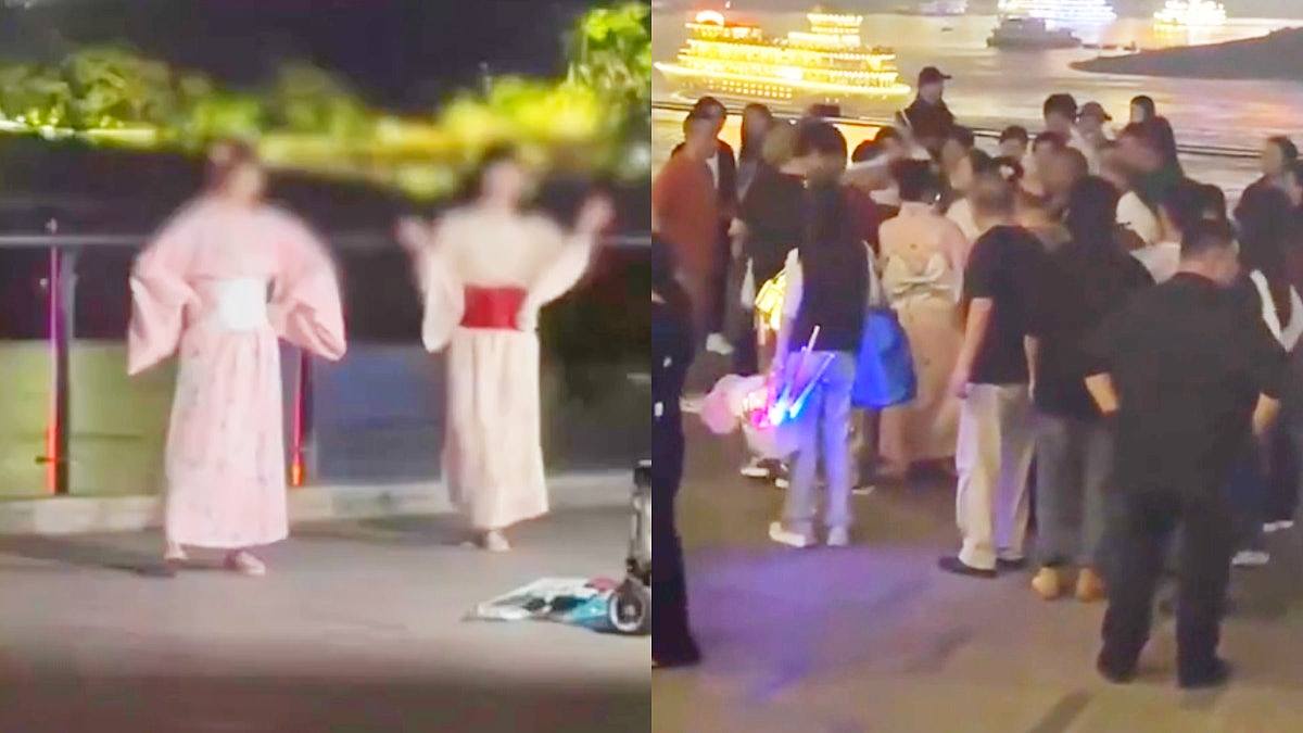 重庆2女子穿和服当街跳舞，大妈大叔包围狂骂爆激烈推撞，警方介入（视频/组图） - 1