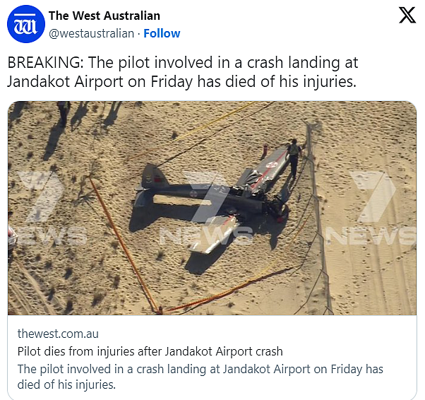 澳洲飞机坠毁飞行员丧命！机头严重毁损、机翼裂开（视频/组图） - 2