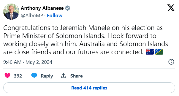 外媒：所罗门再选出亲中新总理，澳洲总理发文祝贺称其为“亲密朋友”，欧美持观望态度...（组图） - 3