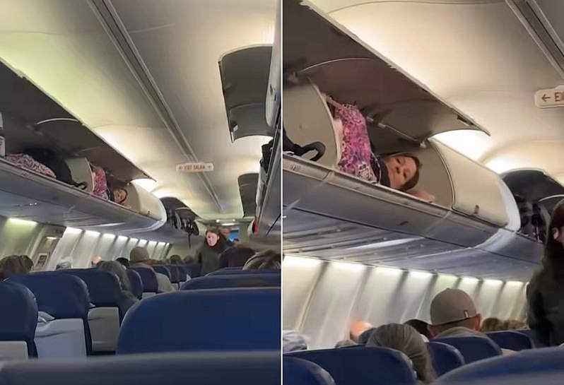 西南航空女乘客爬行李柜躺平睡觉，全机人傻眼（组图） - 1