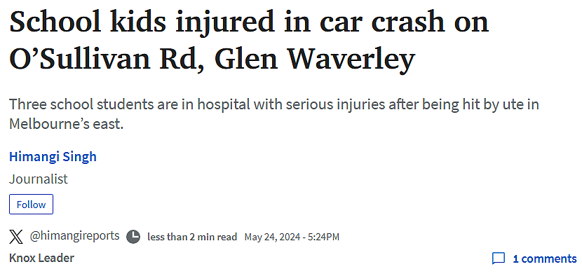 Glen Waverley严重车祸，3名学生伤送医！维州警方紧急通告（组图） - 2