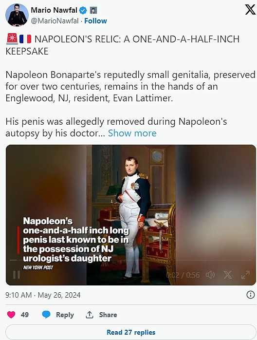 9.6万标下风干200年拿破仑生殖器！尺寸如婴儿手指（图） - 1