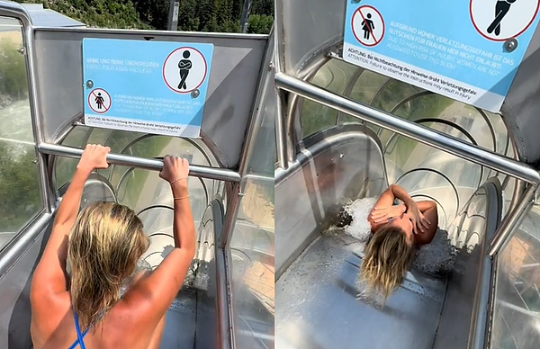腿记得夹紧！澳洲女子大胆挑战“超高速滑水道”，网惊：被强水柱灌肠（组图） - 1